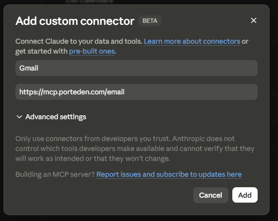 claude.ai Custom Connector form with Name set to Gmail and URL set to https://mcp.porteden.com/email