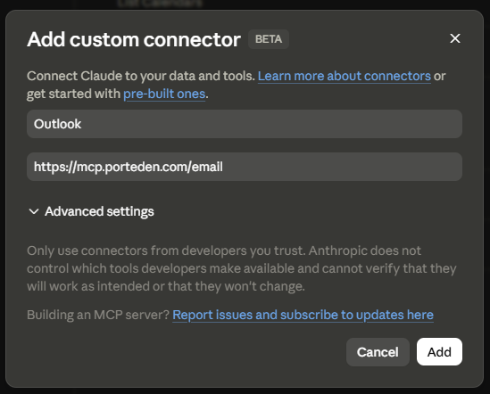 claude.ai Custom Connector form with Name set to Outlook and URL set to https://mcp.porteden.com/email