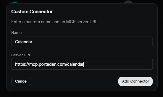 Grok Custom Connector dialog with Name field set to Google Calendar and Server URL field set to https://mcp.porteden.com/calendar