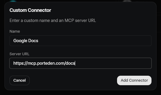 Grok Custom Connector dialog with Name field set to Google Docs and Server URL field set to https://mcp.porteden.com/google-docs