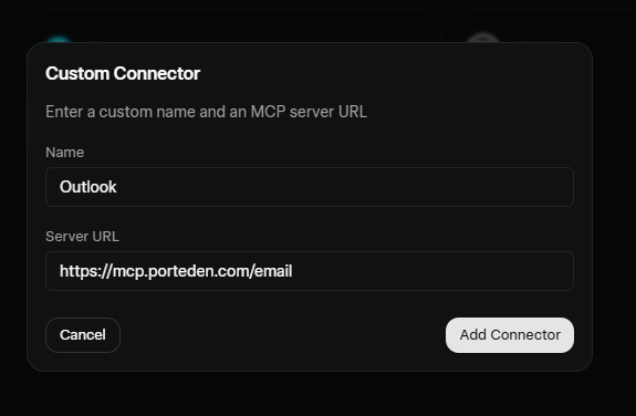 Grok Custom Connector dialog with Name field set to Outlook and Server URL field set to https://mcp.porteden.com/email